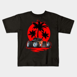 Classic 30s Style Hot Rod Car at Sunset with Palm Trees Kids T-Shirt